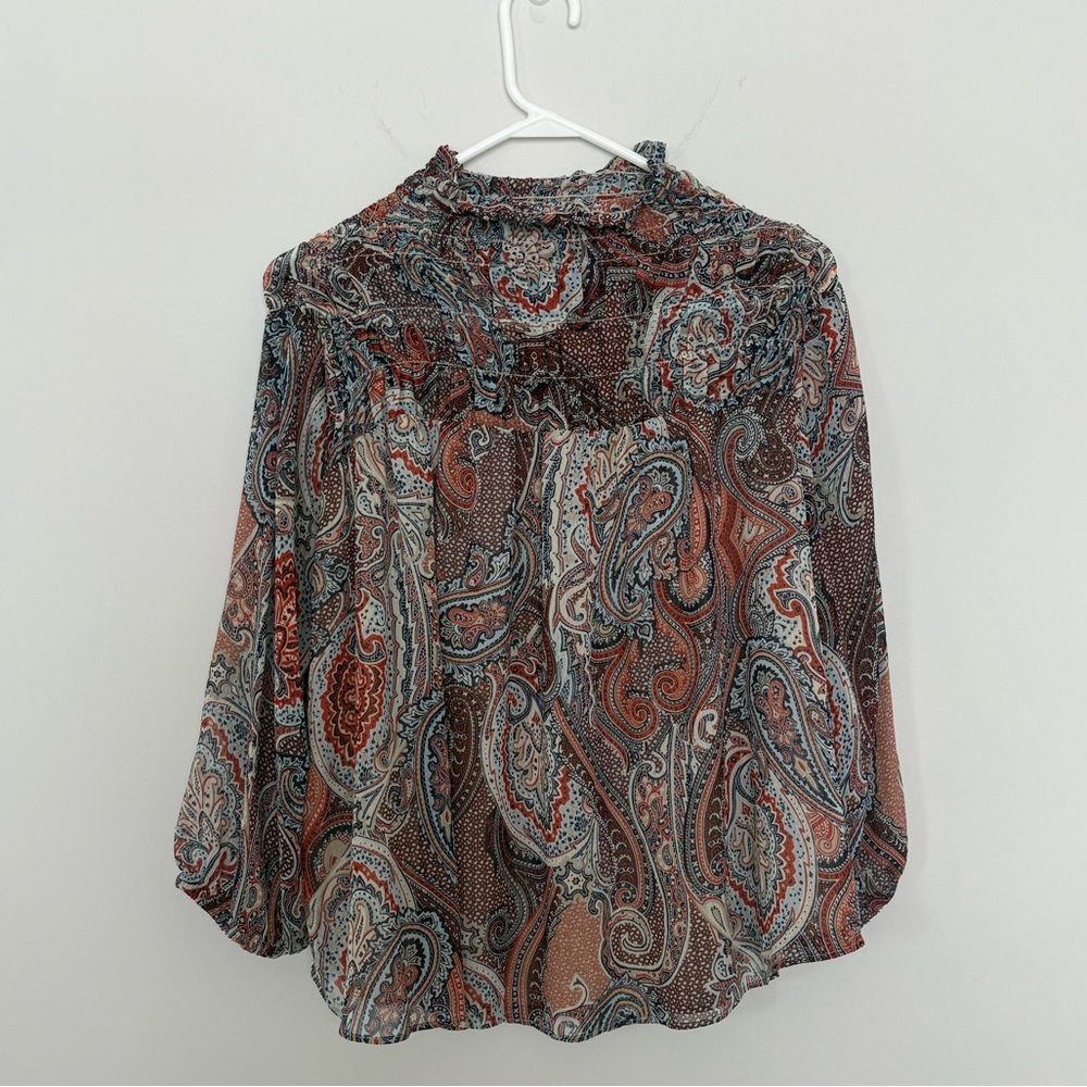 Tommy Hilfiger Women's Paisley-Print Smocked High-Neck Elbow-Sleeve Blouse Large